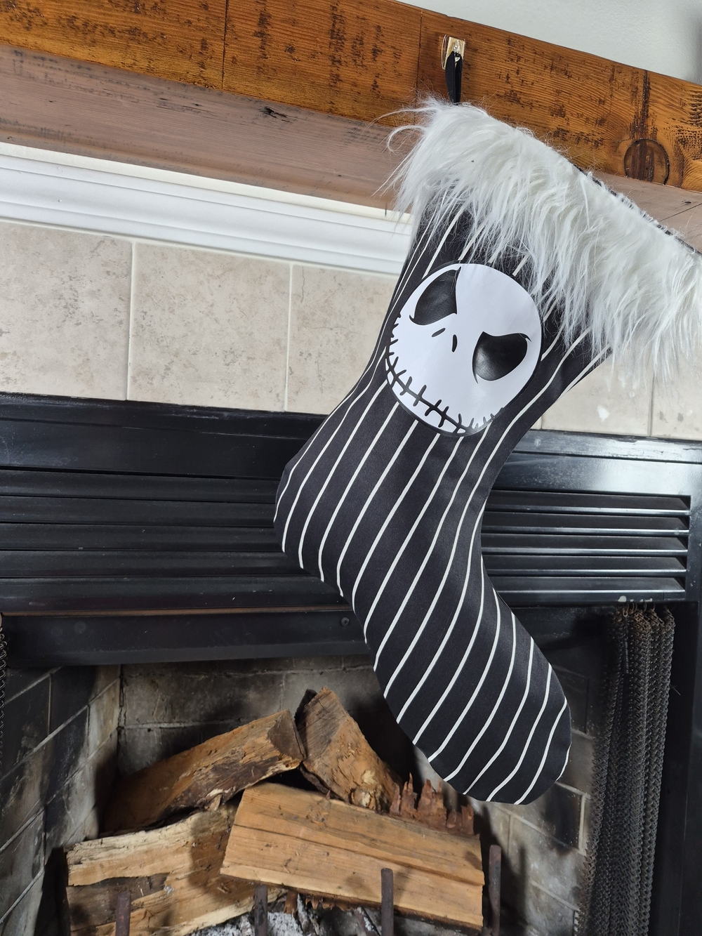 Jack Skellington Black & White Holiday Stocking with Faux Fur Trim